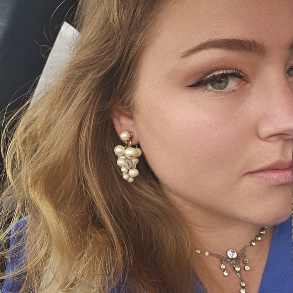 Vintage 1960s Faux Pearl AB Crystal Cluster Clip On Earrings